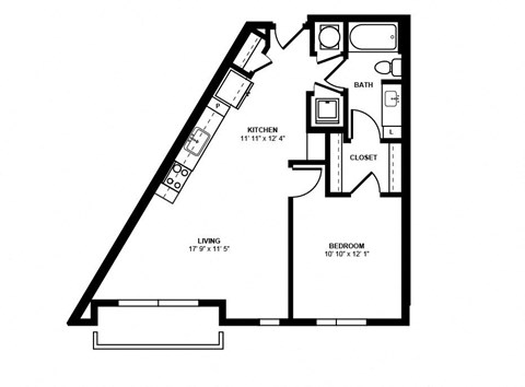Floor plan for 1 bed, 1 bath, 701 sqft